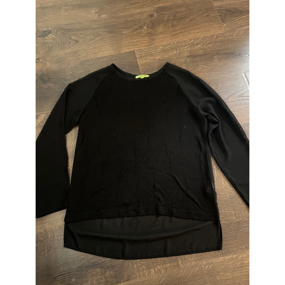 Trisha Tyler Womens Black Distressed Knit Mixed Media High Low Blouse Small